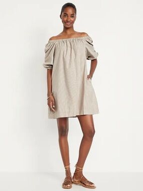Off-Shoulder Taupe Striped Mini Dress